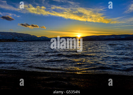 Sunset over Okanagan Lake in the winter near Kelowna British Columbia Canada Stock Photo