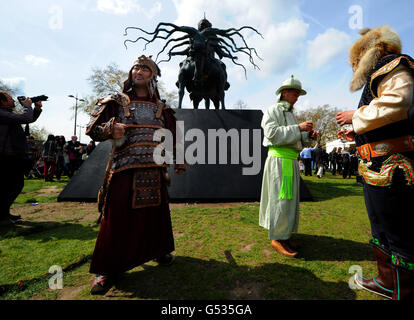 An eight foot high bronze sculpture of Mongolian warrior Genghis Khan is unveiled at Marble Arch, London. PRESS ASSOCIATION Photo. Picture date: Saturday April 14, 2012. The placing of the sculpture at Marble Arch has been organised by Paul Green, founder and president of the Halcyon Gallery. Photo credit should read: Anthony Devlin/PA Wire Stock Photo