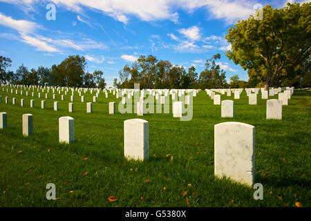 Marble gravestones stretch into the distance at Los Angeles National Cemetery. Stock Photo