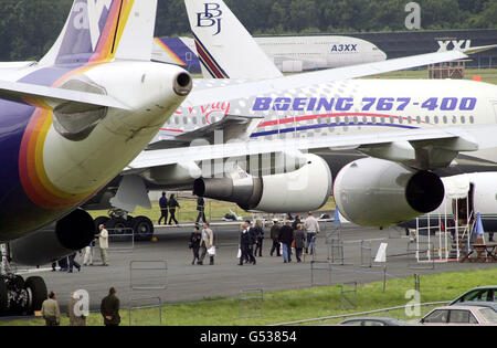 The scene on the opening day of the Farnborough Airshow. Around 300,000 people are expected at the biennial show which is being held in July for the first time having been moved from its normal early September slot. Stock Photo