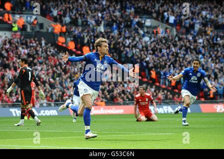 Everton's Nikica Jelavic celebrates after scoring his team's opening goal Stock Photo