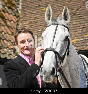 Horse Racing - 2012 John Smith's Grand National - Neptune Collonges Victory Parade - Manor Farm Stables. Grand National winner Neptune Collonges with jockey Daryl Jacob during the victory parade at Paul Nicholls Manor Farm Stables in Ditcheat. Stock Photo