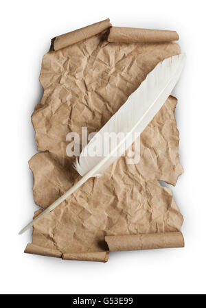 Feather pen and paper scroll isolated on white background Stock Photo