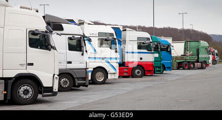 Trucks parked at a motorway station, Katzenfurt, Ehringshausen, Hesse Stock Photo