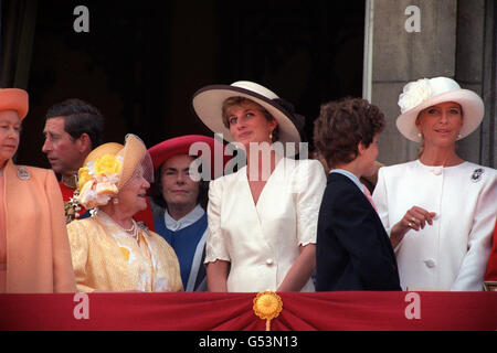 1992: The Queen Mother (3rd l) talks to the Princess of Wales on the balcony of Buckingham Palace after the Trooping the Colour ceremony in London. Also visible are (l-r) the Queen, the Prince of Wales, Lady Brabourne, Frederick Windsor and Princess Michael of Kent. Stock Photo