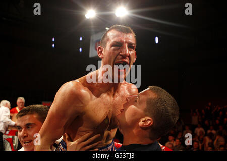 Boxing - Oldham Sports Centre. Derry Mathews celebrates winning the BBBofC British lightweight title bout against Anthony Crolla at the Sports Centre, Oldham. Stock Photo