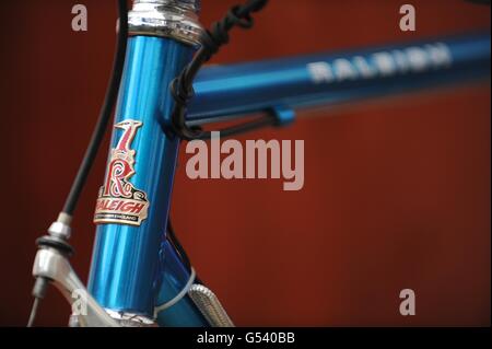 The badge on a Raleigh bike, on the day one of the most famous brand names in the bicycle industry has been sold to Dutch company Accell for more than 100m dollars. Stock Photo