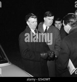 Being interveiwed by a television reporter at Blackdown, Hampshire are Jack Ashley MP, Labour member for Stoke-on-Trent South and George Slater, a solicitor of Stoke-on-Trent. They were at Blackdown Army Barracks for Leslie Parkes, who was arrested by the Army as an alleged deserter. Stock Photo