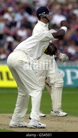 West Indian fast bowler Curtly Ambrose celebrates the lbw dismissal of Graeme Hick, during the Fifth Test held at the Oval in London. Stock Photo