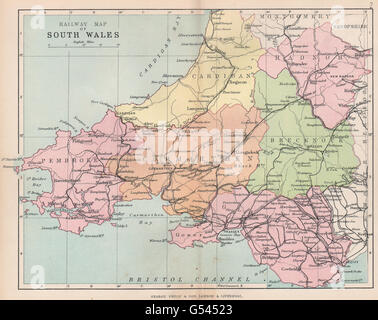 WALES Railway Map of South Wales BARTHOLOMEW 1882 old antique plan ...