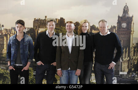 (Left to right) Jeremy Irvine, Colin Firth, Director Jonathan Teplitzky, Nicole Kidman and Stellan Skarsgard during a photocall at Waverley Gate in Edinburgh, Scotland, to announce the start of principal photography of Jonathan Teplitzky's film The Railway Man. Stock Photo
