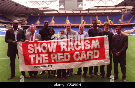 Doreen Lawrence with premiership footballers launching a Show Racism the Red Card video at White Hart Lane aimed at helping to boot racism out of football and the classroom on what would have been Stephen's 26th birthday. * (L-R) Tottenham defender Sol Campbell, leader of Haringey council George Meehan, Wimbledon striker Carl Leaburn, Andrea Enisuoh of Show Racism the Red Card (SRRC), Doreen Lawrence, mother of murdered teenager Stephen Lawrence, Home Office minister Lord Bassam, Kevin Miles of SRRC, West Ham goalkeeper Shaka Hislop, Wimbledon defender Kenny Cunningham, and Tottenham Hotspur Stock Photo
