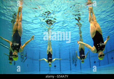The Australian synchronized swimming team practice at the 2000 Olympic Games Aquatic Centre in Sydney, Australia. Stock Photo