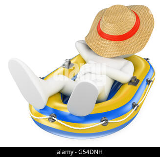 3d white people. Man napping in an inflatable boat. Isolated white background. Stock Photo