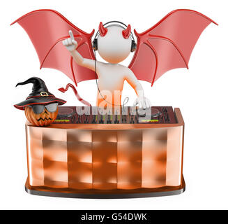 3d white people. DJ playing music at a Halloween party with a devil custome. Isolated white background. Stock Photo