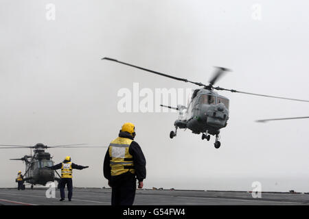 A Royal Navy Lynx Helicopter lands on to HMS Ocean in the English Channel. Stock Photo