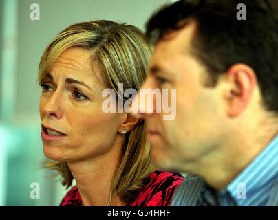 Gerry and Kate McCann whose daughter Madeline disappeared from a holiday flat in Portugal five years ago tomorrow, talk to the media at a press conference in London. Stock Photo