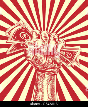 A hand in a fist holding money cash in a vintage propaganda poster wood cut style Stock Photo