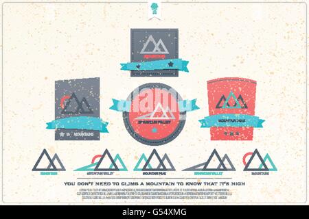 set of abstract high mountains vector icons. travel and rock climbing concept logo. landscape graphic design. mountain valley lo Stock Vector