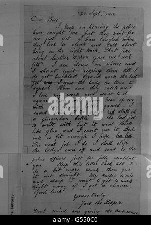 A letter written in red ink and signed 'Yours truly, Jack the Ripper', is back at Scotland Yard after going missing from police files a long time ago. Addressed to 'The Boss', it was sent in September 1888 to 'The Central News Office, London City'. Stock Photo