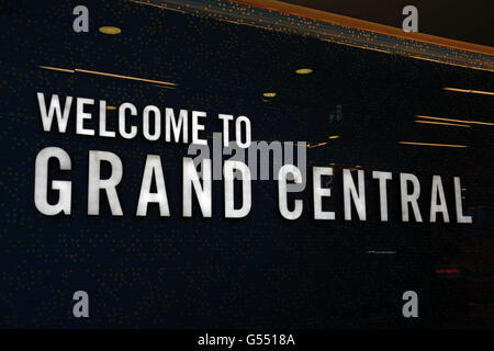 Welcome sign at the entrance to Grand Central in New Street railway station, Birmingham, England, UK, Western Europe. Stock Photo