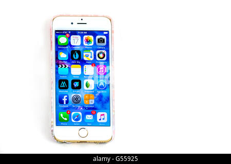 The screen of an iPhone 6s showing the home and app screen. Cutout. USA. Stock Photo