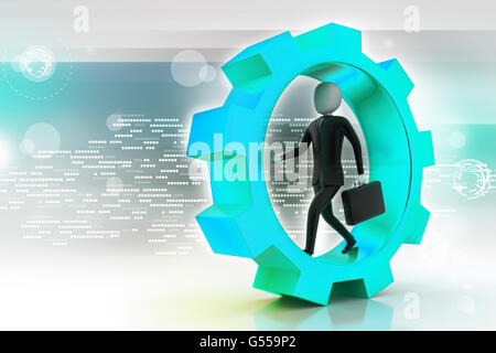 Business man running in gear wheels Stock Photo