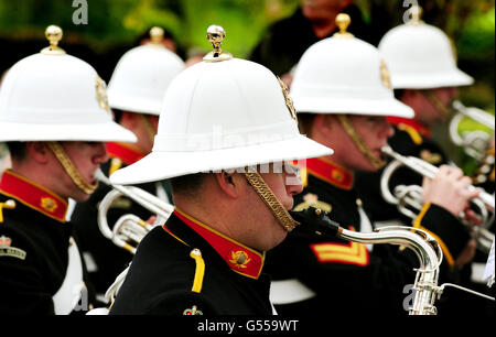 The Band of Her Majesty's Royal marines play at the new memorial commemorating the 255 British servicemen who died in the Falklands War, unveiled at the National Memorial Arboretum in Staffordshire. Stock Photo