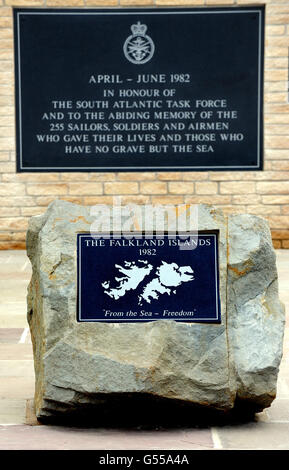 A plaque at the new memorial commemorating the 255 British servicemen who died in the Falklands War, at the National Memorial Arboretum in Staffordshire. Stock Photo