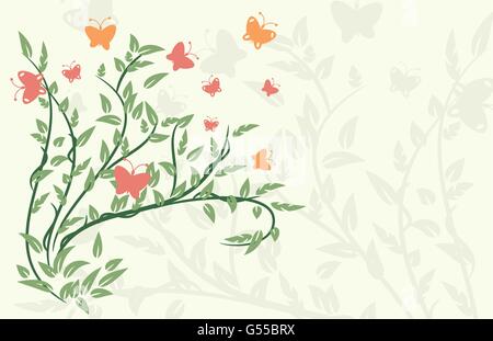 green leaves plant flying butterfly vector background Stock Vector
