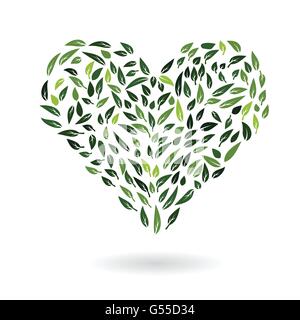 abstract heart symbol from green leaves environment protection eco concept vector illustration Stock Vector