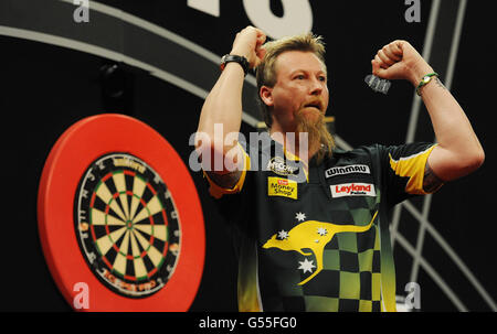 Darts - McCoy's Premier League Darts - Metro Radio Arena. Simon Whitlock celebrates his win over Adrian Lewis during the McCoy's Premier League Darts meeting at the Metro Radio Arena, Newcastle. Stock Photo