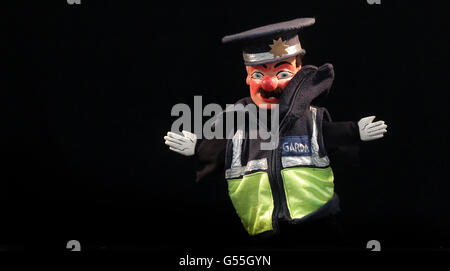 Pun and Judy puppet. A puppet of an Irish Garda during a Punch and Judy show in Dublin today. Stock Photo