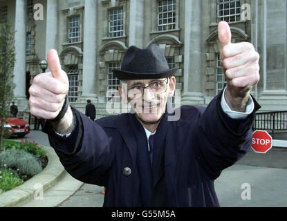 Iain Hay Gordon, 68, from Scotland, outside Belfast High Court, after being given the clearest of indications by the Northern Ireland Court of Appeal that it will overturn a guilty verdict imposed on him nearly 50 years ago for the murder of Patricia Curran in 1952. Stock Photo