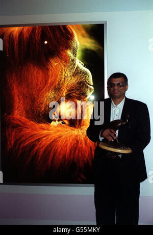 Manoj Shah from Britain, winner of the BG Wildlife Photographer of the Year 2000, with a reproduction of his winning entry 'Orang-utan and baby', at the Natural History Museum in London after being awarded the coveted title. Stock Photo