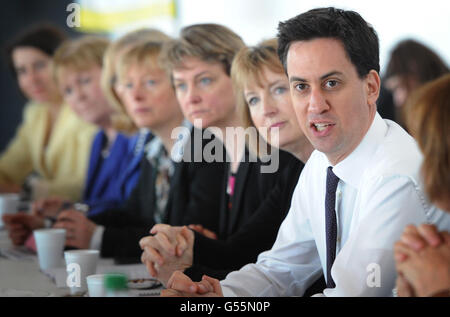 Labour leader Ed Miliband and his shadow cabinet hold their weekly meeting in the Aquatics Centre at the Olympic Park in Stratford, east London. Stock Photo