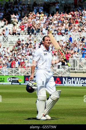 England's Andrew Strauss leave the field after being bowled by West Indies Darren Sammy caught by Denesh Ramdin for 141 during the second test match at Trent Bridge, Nottingham. Stock Photo