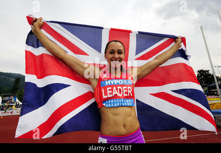 Great Britain's Jessica Ennis celebrates her victory in the Heptathlon during the 2012 Hypo-Meeting at the Mosle Stadium, Gotzis, Austria. Stock Photo