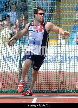 Sport - 2012 BT Paralympic World Cup - Day One - Manchester Regional Arena. Great Britian's Daniel Greaves during the F42/44 Men's discus during Day 1 of the 2012 BT Paralympic World Cup in Manchester Stock Photo