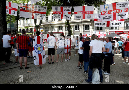 England fans gather in Saint-Etienne before the UEFA Euro 2016, Group B match at the Stade Geoffroy Guichard, Saint-Etienne. Stock Photo