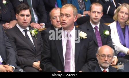 Liberal Democrat leader Tim Farron speaks in the House of Commons, London, as MPs gather to pay tribute to Labour MP Jo Cox. Stock Photo