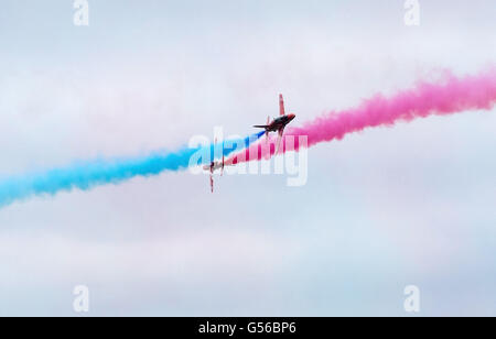 Cosford, UK. 19th June, 2016.  Red Arrows, Apache and Chinook helicopters, Typhoon and the Battle of Britain Memorial flight along with ground display’s were the attractions at the annual RAF Air Show, due to bad weather the RAF Falcons and the USAF B-52 Stratofortress were unable to make a show. Credit: Clifford Norton/Alamy Live News Stock Photo