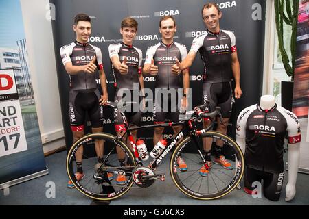 Duesseldorf, Germany. 20th June, 2016. Emanuel Buchmann (l-r), Patrick Konrad, Paul Voss and Andreas Schillinger from cycle team Bora-Argon 18 pose during their introductory press event for the Bora - Argon 18 team for the Tour de France in Duesseldorf, Germany, 20 June 2016. At this year's Tour de France running from July 2 to 24 those from the second division will take part thanks to a wildcard. Photo: MAJA HITIJ/dpa/Alamy Live News Stock Photo