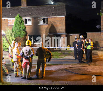 Christchurch, Dorset, UK. 20th June, 2016. Dorset Police were called at 9.17pm today, Monday 20 June 2016, by the fire service to reports of a fire at an address in Druitt Road in Christchurch.  Initially it was reported that two children were still inside the address but it was quickly identified that they were staying with family elsewhere.  A puppy has been taken to a veterinary clinic for treatment.  An investigation is under way to establish the exact cause of the fire and a cordon is in place. Credit:  uknip/Alamy Live News Stock Photo