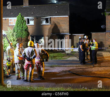 Christchurch, Dorset, UK. 20th June, 2016. Dorset Police were called at 9.17pm today, Monday 20 June 2016, by the fire service to reports of a fire at an address in Druitt Road in Christchurch.  Initially it was reported that two children were still inside the address but it was quickly identified that they were staying with family elsewhere.  A puppy has been taken to a veterinary clinic for treatment.  An investigation is under way to establish the exact cause of the fire and a cordon is in place. Credit:  uknip/Alamy Live News Stock Photo