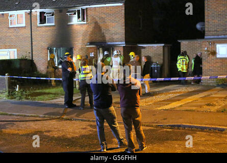 Christchurch, Dorset, UK. 20th June, 2016. Dorset Police were called at 9.17pm today, Monday 20 June 2016, by the fire service to reports of a fire at an address in Druitt Road in Christchurch.  Initially it was reported that two children were still inside the address but it was quickly identified that they were staying with family elsewhere.  A puppy has been taken to a veterinary clinic for treatment.  An investigation is under way to establish the exact cause of the fire and a cordon is in place. Credit:  uknip/Alamy Live News Stock Photo