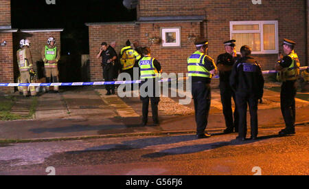 Christchurch, Dorset, UK. 20th June, 2016. Dorset Police were called at 9.17pm today, Monday 20 June 2016, by the fire service to reports of a fire at an address in Druitt Road in Christchurch.  Initially it was reported that two children were still inside the address but it was quickly identified that they were staying with family elsewhere.  A puppy has been taken to a veterinary clinic for treatment.  An investigation is under way to establish the exact cause of the fire and a cordon is in place. Credit:  uknip/Alamy Live News Stock Photo