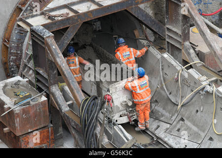 Bleddfa, Powys, Wales, UK - Tuesday 21st June 2016 - Severn Trent Water have now started tunnelling at Bleddfa on a 1.8km tunnel bypass alongside the current 73 mile 100 year old Elan Valley Aqueduct that carries water from Mid Wales to the city of Birmingham. Here worker prepare a waste spoil wagon at the tunnel entrance. The work is being carried out by the BNM Alliance comprising of Barhale and North Midland Construction. Work is expected to be completed by December 2016. Two further tunnels will then be built at nearby Nantmel and Knighton. Credit:  Steven May/Alamy Live News Stock Photo