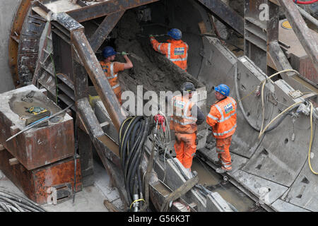 Bleddfa, Powys, Wales, UK - Tuesday 21st June 2016 - Severn Trent Water have now started tunnelling at Bleddfa on a 1.8km tunnel bypass alongside the current 73 mile 100 year old Elan Valley Aqueduct that carries water from Mid Wales to the city of Birmingham. Here workers prepare a waste spoil wagon at the tunnel entrance. The work is being carried out by the BNM Alliance comprising of Barhale and North Midland Construction. Work is expected to be completed by December 2016. Two further tunnels will then be built at nearby Nantmel and Knighton. Credit:  Steven May/Alamy Live News Stock Photo
