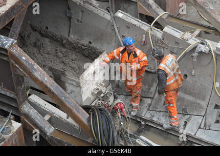Bleddfa, Powys, Wales, UK - Tuesday 21st June 2016 - Severn Trent Water have now started tunnelling at Bleddfa on a 1.8km tunnel bypass alongside the current 73 mile 100 year old Elan Valley Aqueduct that carries water from Mid Wales to the city of Birmingham. Here worker prepare a waste spoil wagon at the tunnel entrance. The work is being carried out by the BNM Alliance comprising of Barhale and North Midland Construction. Work is expected to be completed by December 2016. Two further tunnels will then be built at nearby Nantmel and Knighton. Credit:  Steven May/Alamy Live News Stock Photo